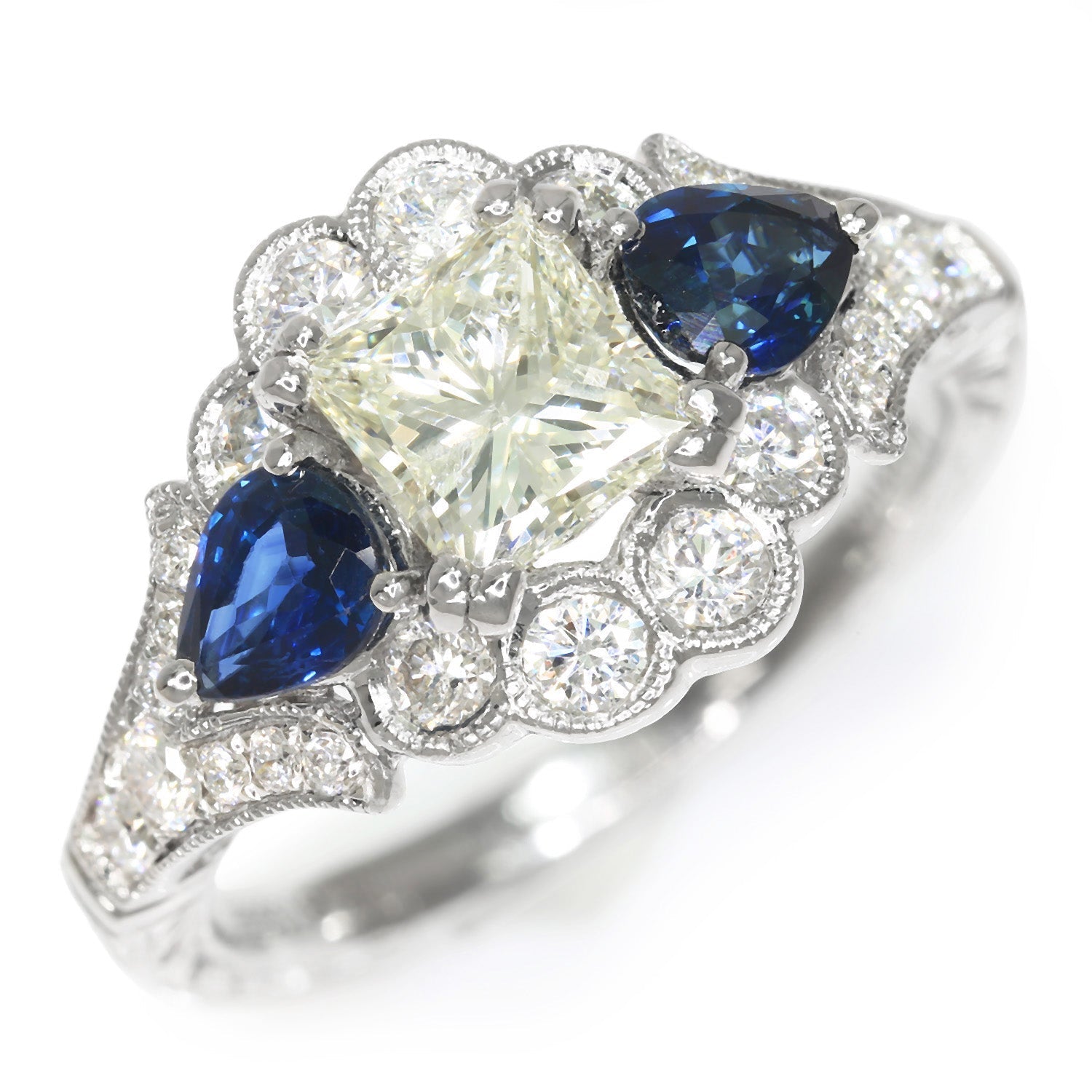 Once Upon A Diamond Engagement Ring White Gold Gabriel&Co Princess Diamond Engagement Ring w/ Sapphires 18K