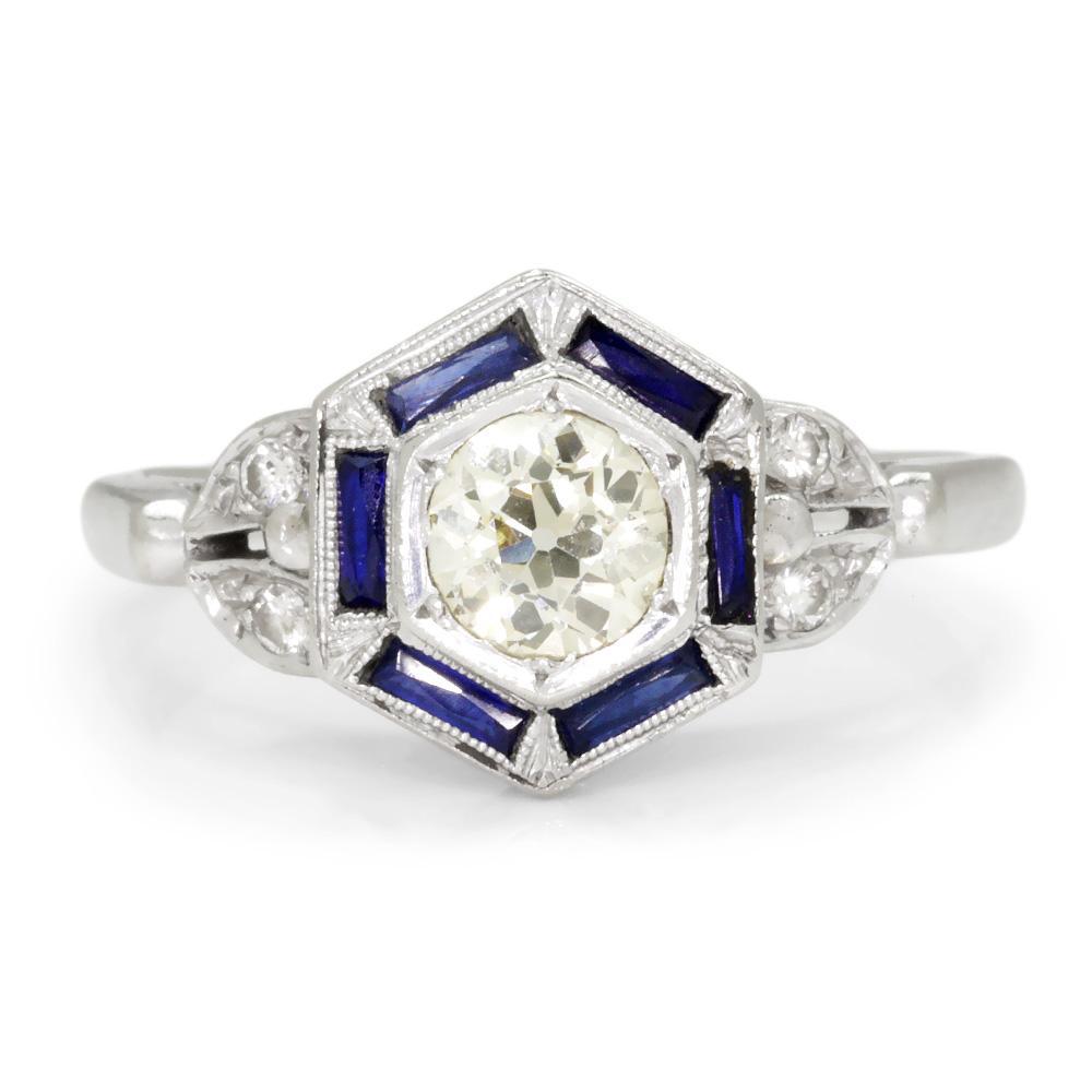 Old Mine Cut Diamond Hexagon Sapphire Halo Ring