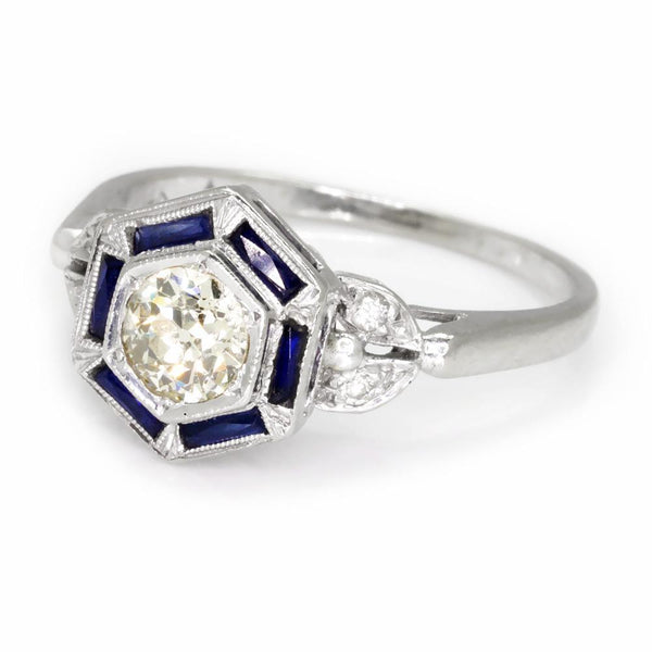 Old Mine Cut Diamond Hexagon Sapphire Halo Ring - Image 2