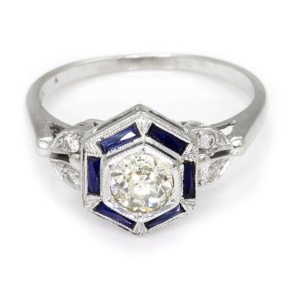 Old Mine Cut Diamond Hexagon Sapphire Halo Ring - Image 3