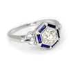 Old Mine Cut Diamond Hexagon Sapphire Halo Ring