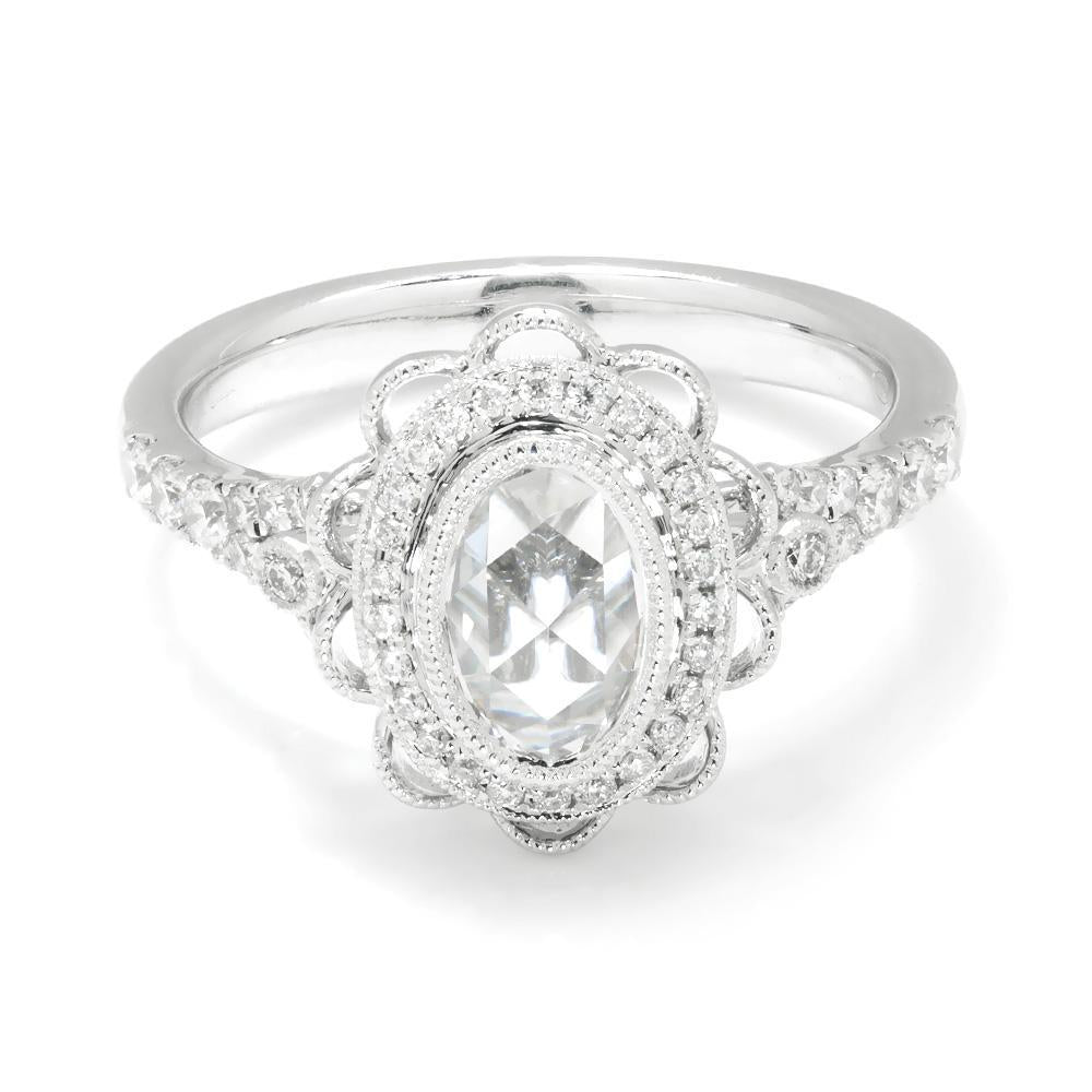 Once Upon A Diamond Engagement Ring White Gold Oval Rose Cut Diamond Filigree Engagement Ring 18K .80ctw