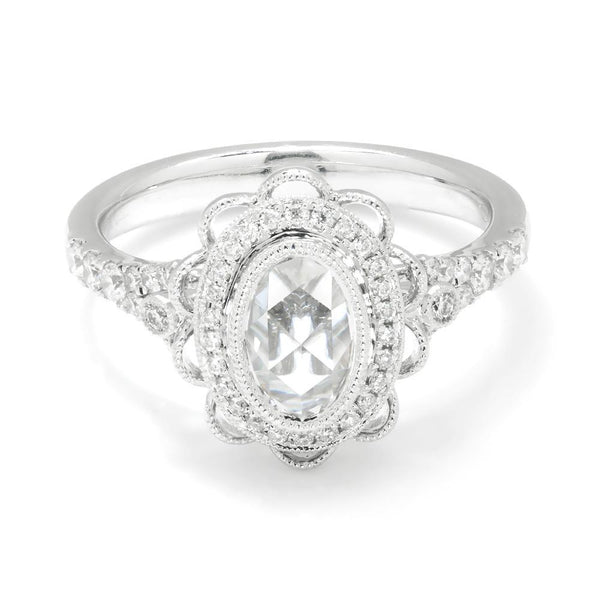 Oval Rose Cut Diamond Filigree Engagement Ring 18K .80ctw - Image 2