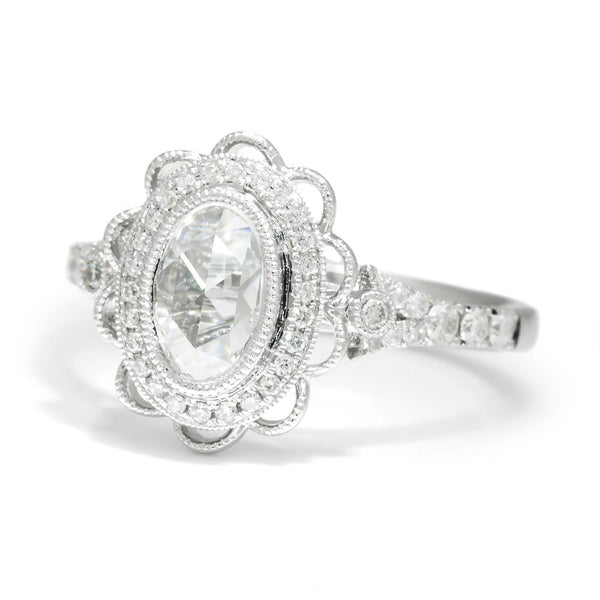 Oval Rose Cut Diamond Filigree Engagement Ring 18K .80ctw - Image 3