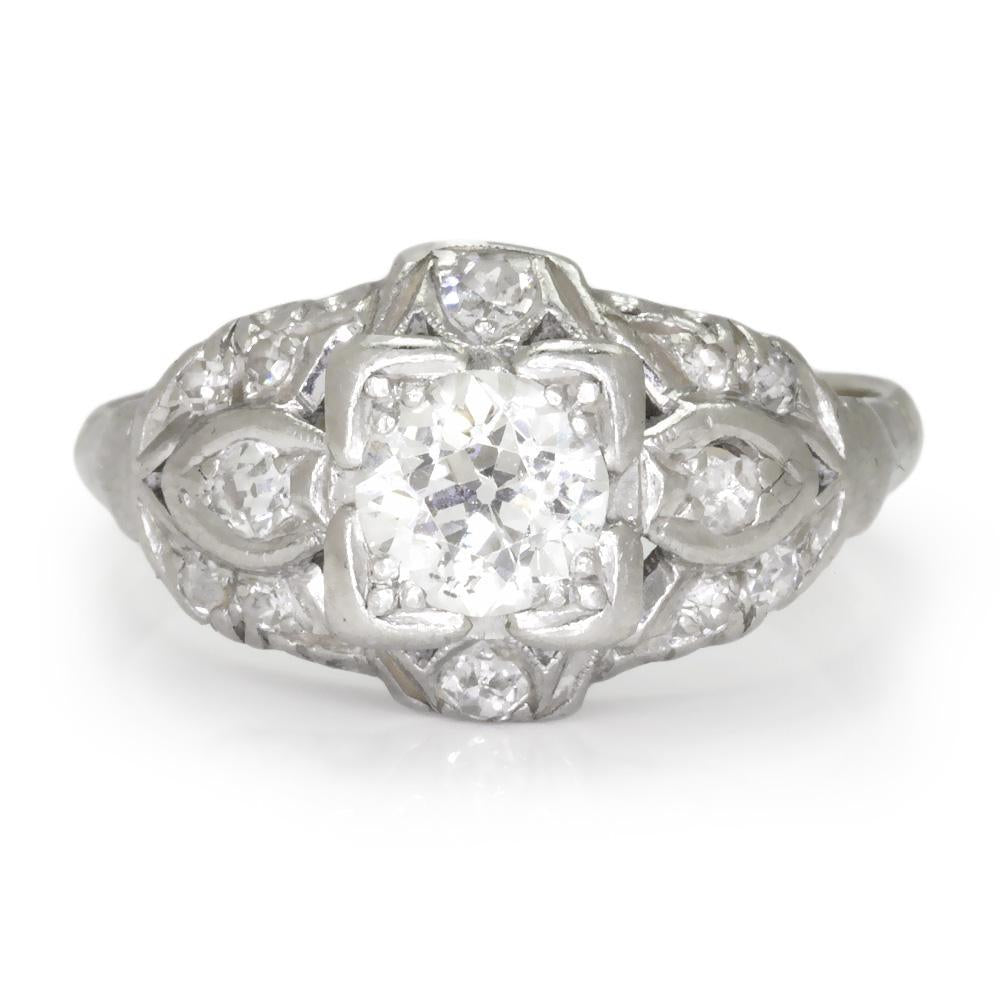 Art Deco Old Euro Diamond Engagement Ring 14K Platinum .65ct