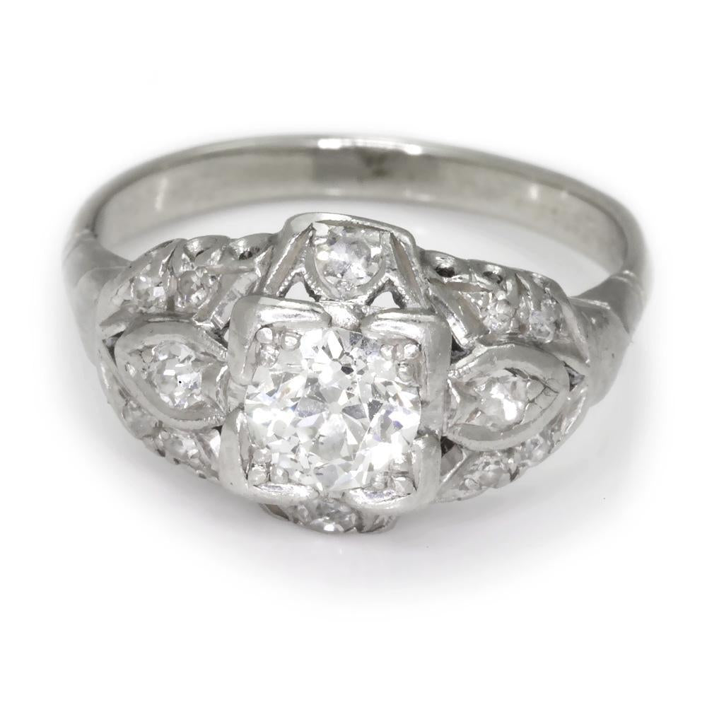 Art Deco Old Euro Diamond Engagement Ring 14K Platinum .65ct