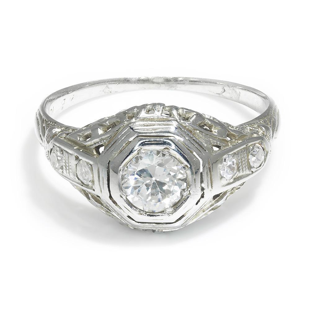 Once Upon A Diamond Engagement Ring White Gold Vintage Old European Cut Diamond Ring 18K White Gold .45ctw