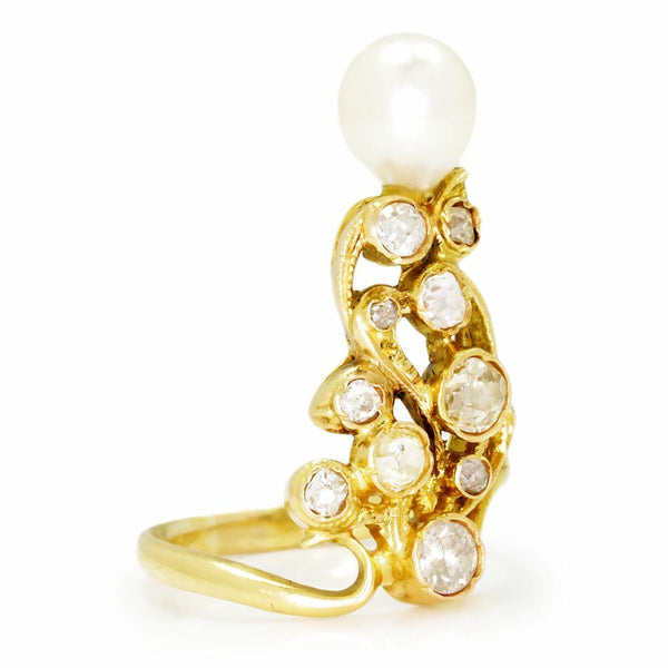Vintage Pearl Ring with Old Mine Cut Diamonds 18K 1.00ctw - Image 3