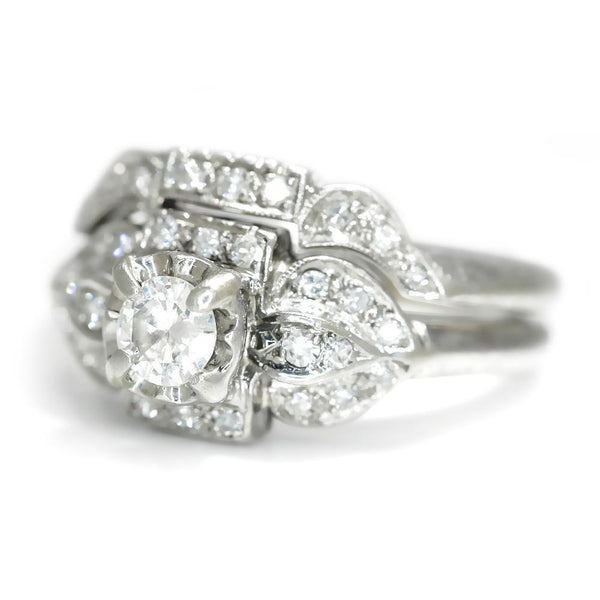 Vintage Round Diamond Engagement Ring Set 14K White Gold - Image 2