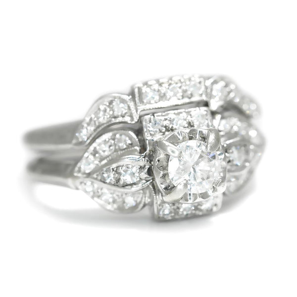 Vintage Round Diamond Engagement Ring Set 14K White Gold - Image 3