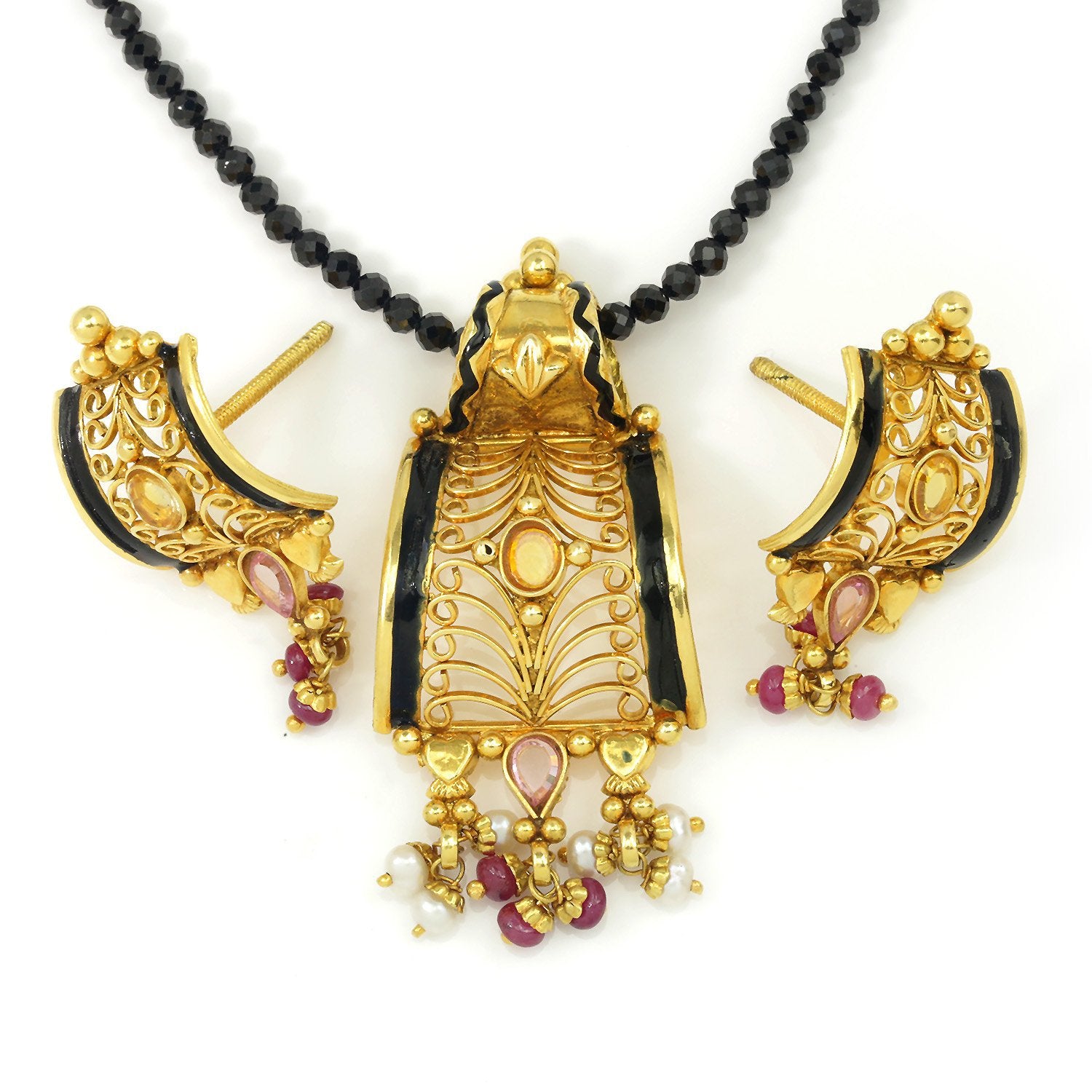 Once Upon A Diamond Jewelry Set Yellow Gold & Black Enamel Vintage 23Kt Yellow Gold & Enamel Gemstone Necklace Earring Set