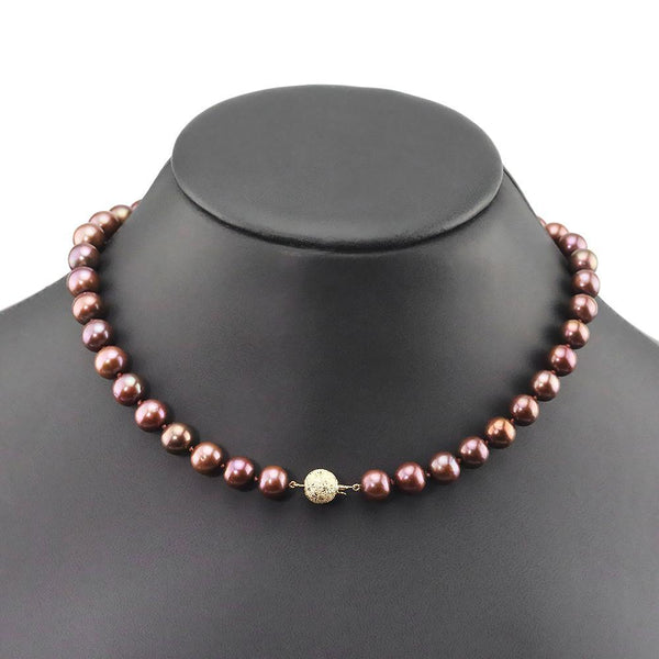 Round Cultured Chocolate Pearl Necklace 14K Gold - Image 3