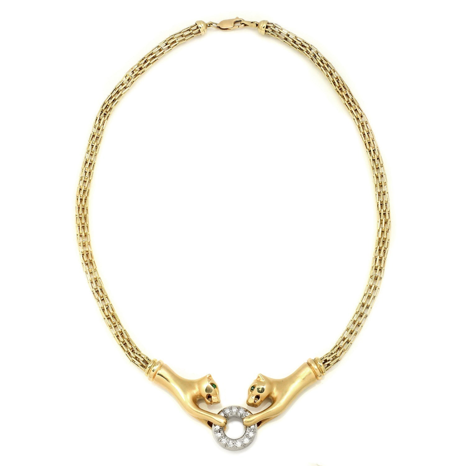 Once Upon A Diamond Necklace White & Yellow Gold Double Panther Clasping Diamond O-Ring Necklace 14K Gold