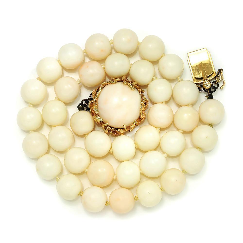 Once Upon A Diamond Necklace Yellow Gold Vintage Angel Skin Coral Bead Necklace 14K Gold Clasp 10mm