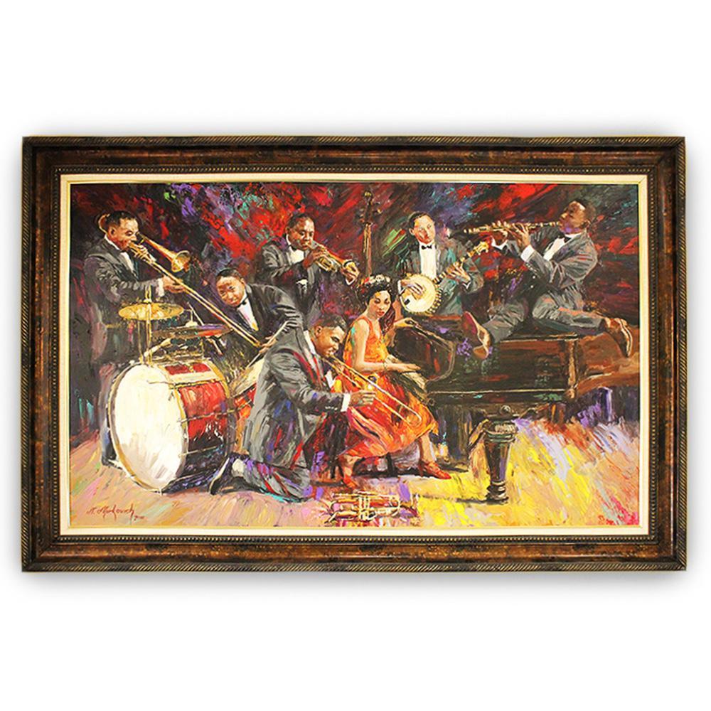 Once Upon A Diamond Painting Nenad Mirkovich “In the Mood” Original Oil Painting Framed 44 1/2 x 68” Jazz Scene