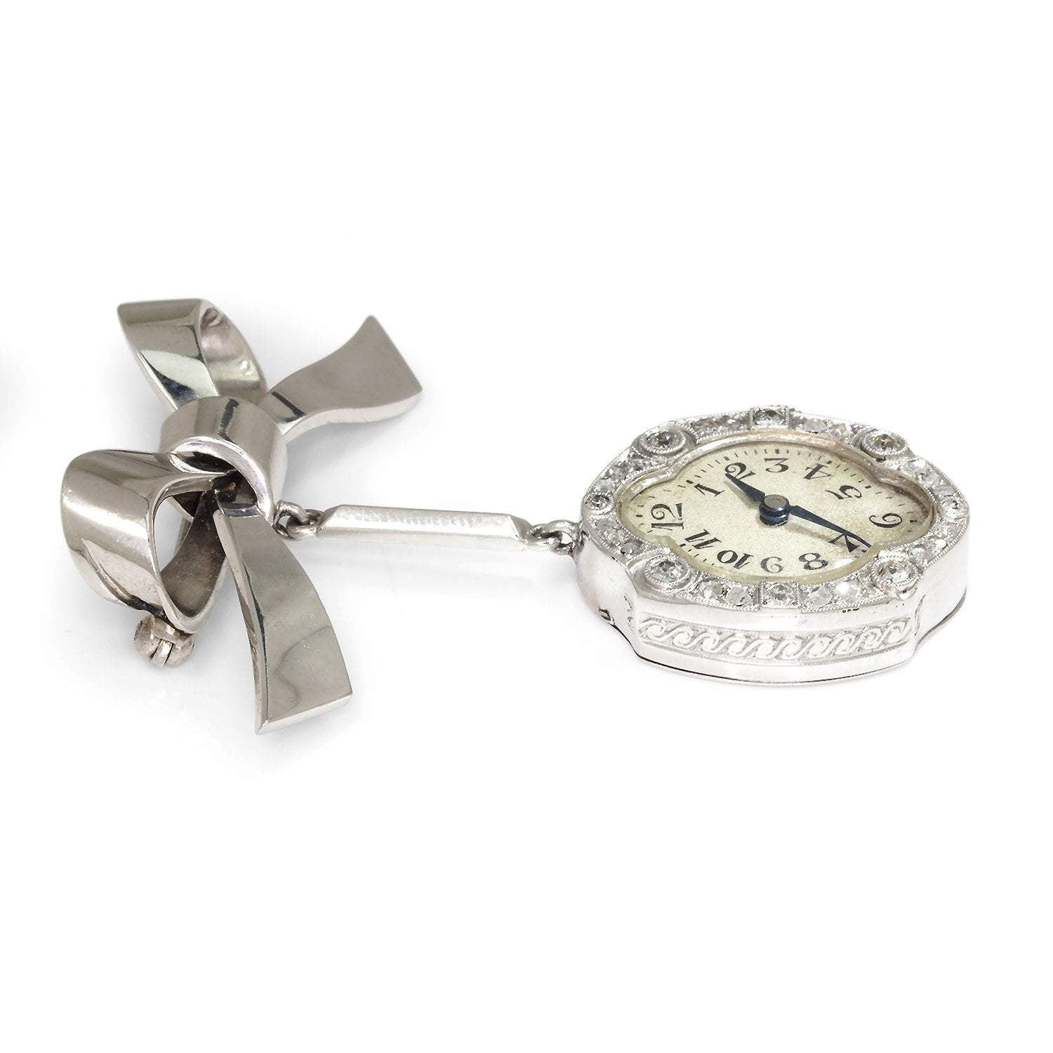 Once Upon A Diamond Pendant Brooch White Gold Antique Hanging Diamond Clock Brooch Bow Pin 18K White Gold