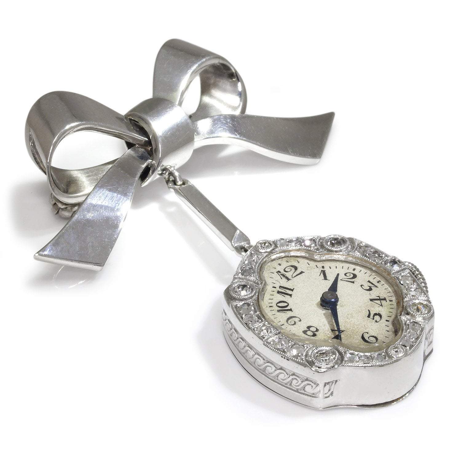 Once Upon A Diamond Pendant Brooch White Gold Antique Hanging Diamond Clock Brooch Bow Pin 18K White Gold