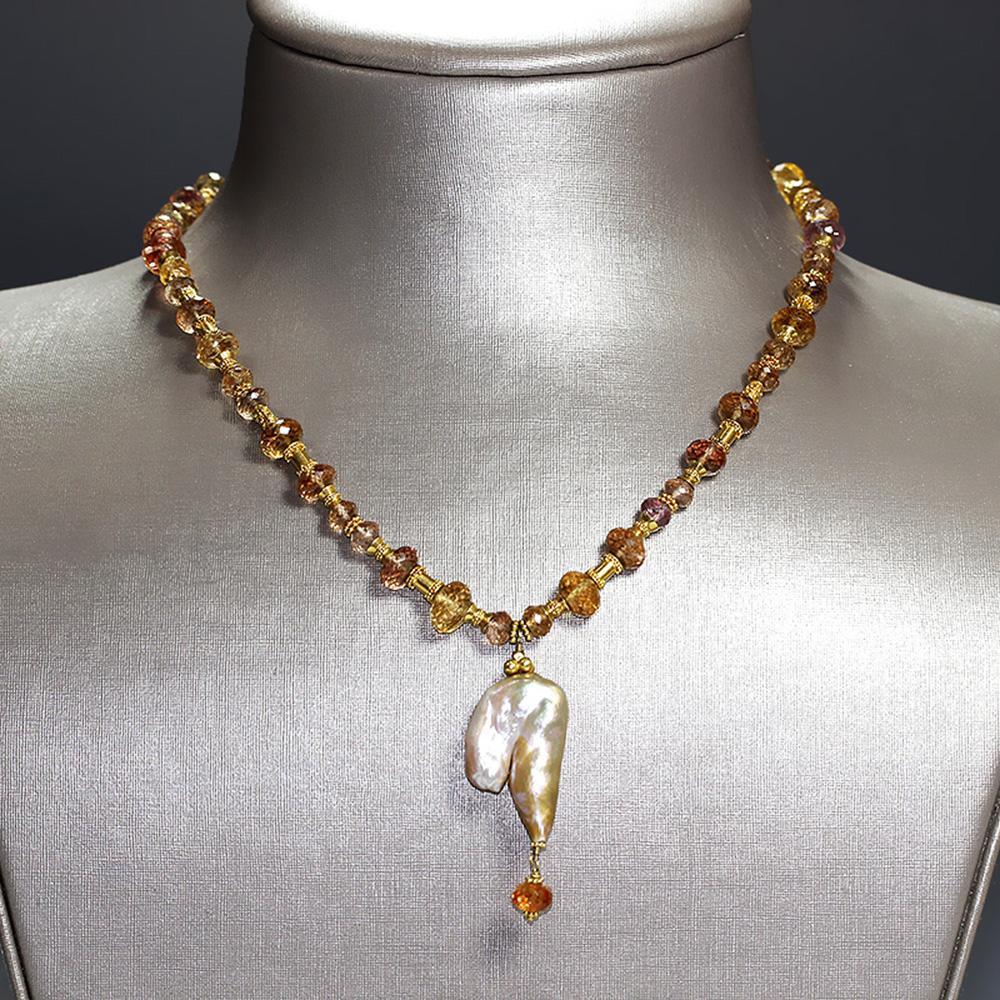 Once Upon A Diamond Pendant Necklace Baroque Pearl Pendant Necklace with Gemstone's 18K