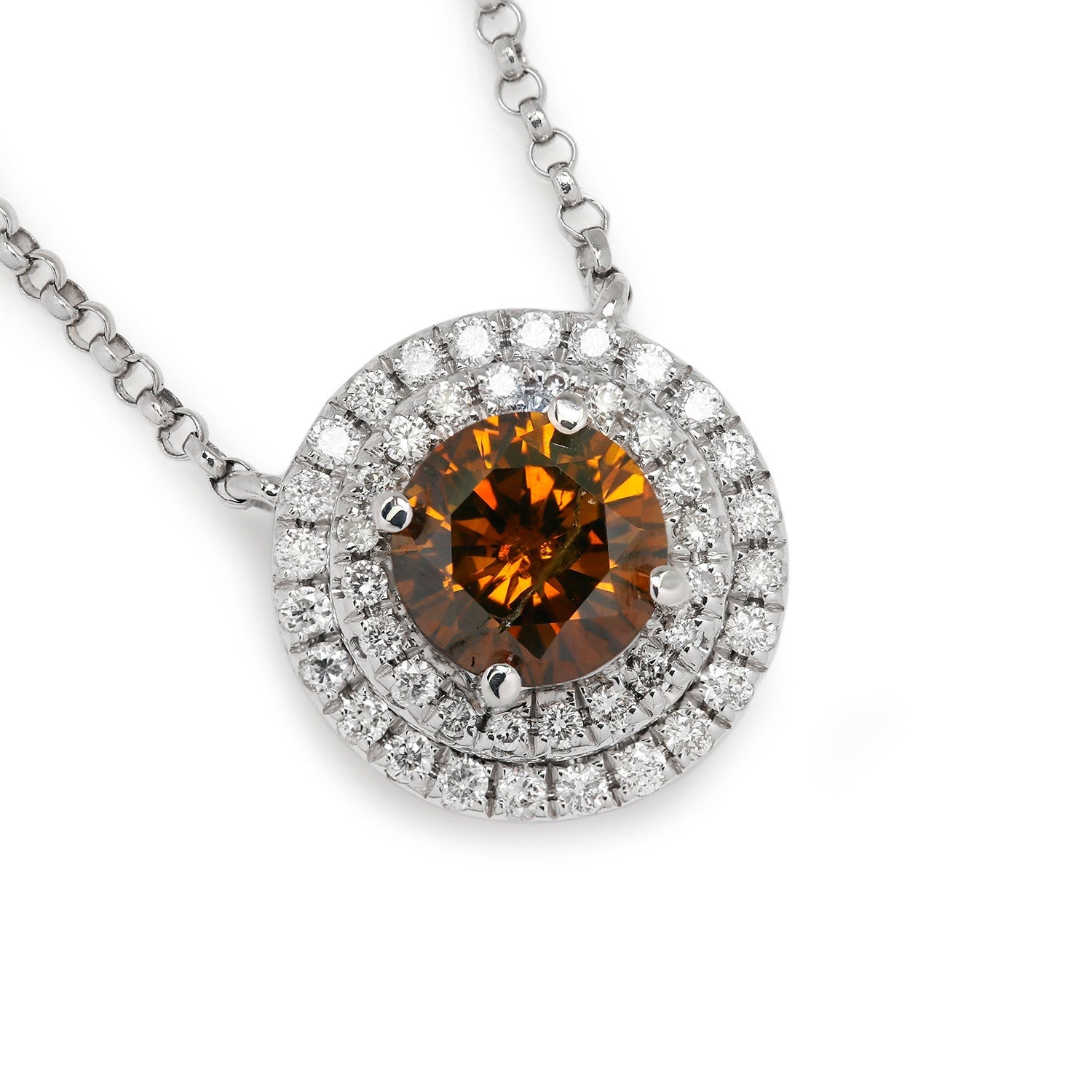 Once Upon A Diamond Pendant Necklace White Gold 0.67CT Fancy Brown Diamond Double Halo Pendant Necklace 18K