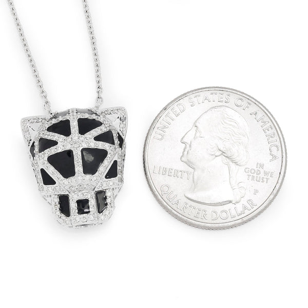 Diamond Panther Head Pendant Necklace with Black Enamel 14K - Image 3
