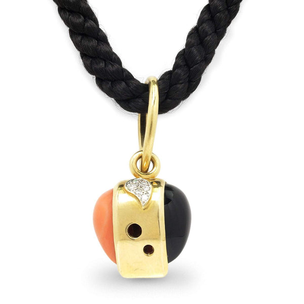 Vintage Onyx & Coral Pendant Black Thread Necklace with Diamonds - Image 2