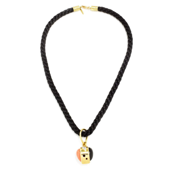 Vintage Onyx & Coral Pendant Black Thread Necklace with Diamonds - Image 3
