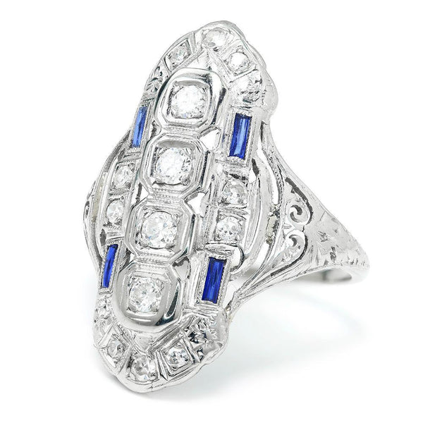 Art Deco Diamond Dinner Ring with Sapphires 18K .45ctw - Image 2