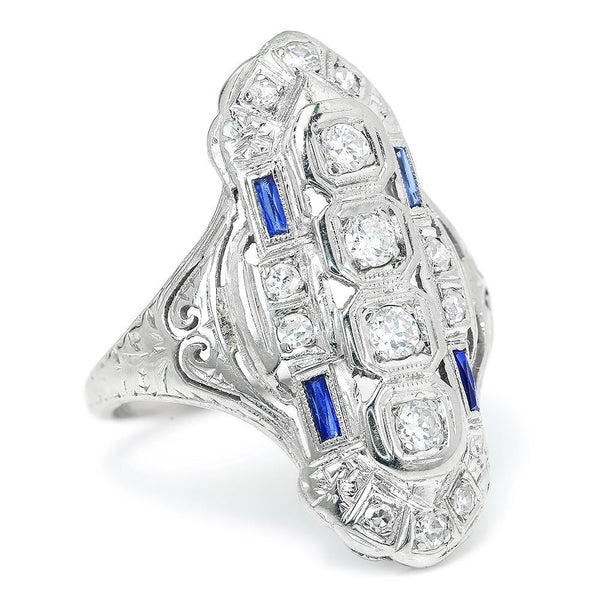 Art Deco Diamond Dinner Ring with Sapphires 18K .45ctw - Image 3