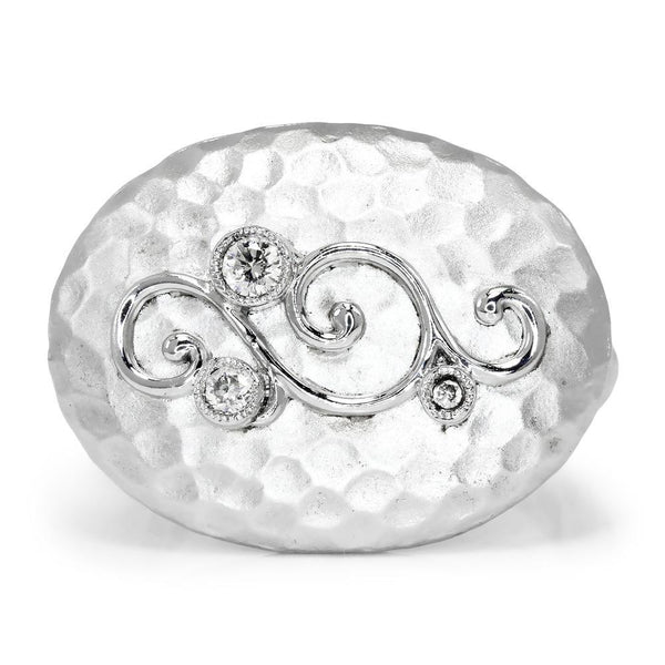 Gabriel&Co Oval Hammered Ring with Diamonds in Sterling - Image 2