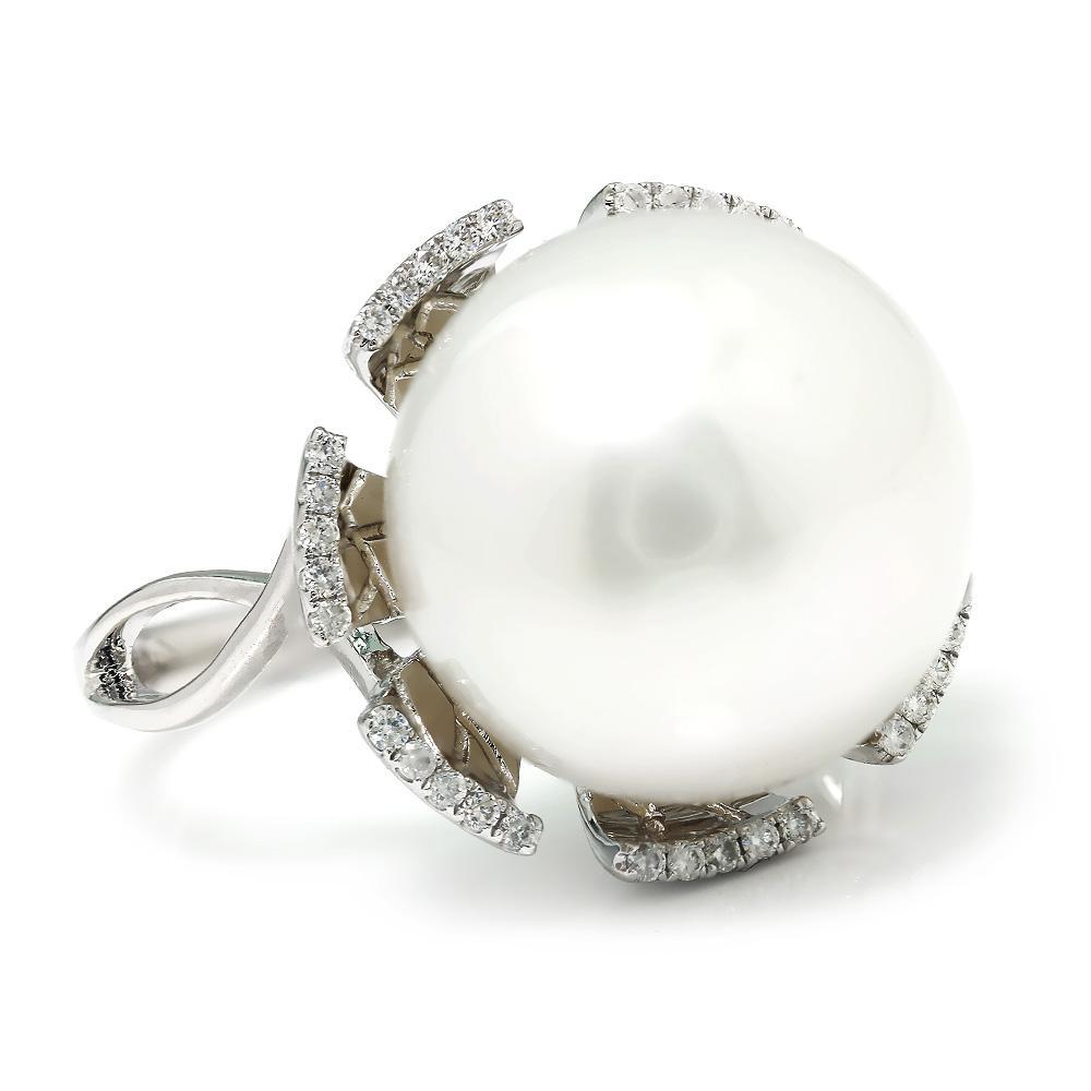 Once Upon A Diamond Ring Large South Sea Pearl & Diamond Ring 14K White Gold 14MM