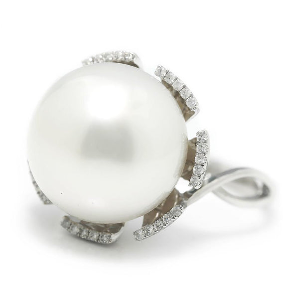 Large South Sea Pearl & Diamond Ring 14K White Gold 14MM - Image 3