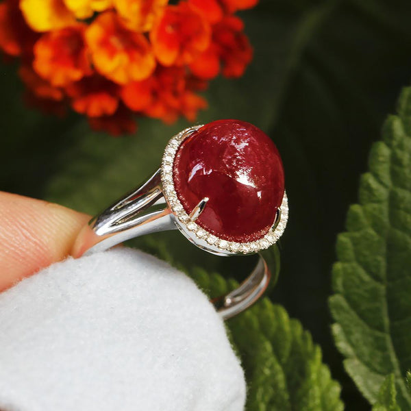 Oval Cabochon Ruby Halo Ring with Diamonds 18K 11.28ctw - Image 2