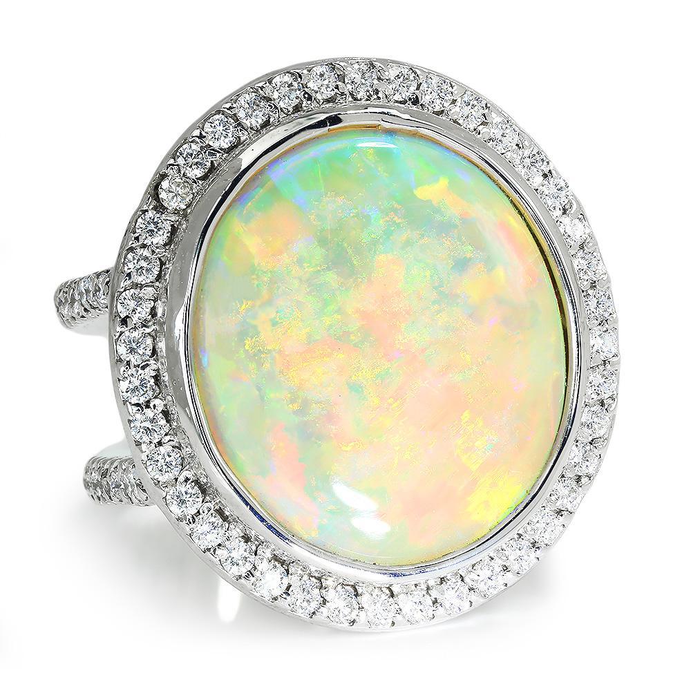 Once Upon A Diamond Ring Round Australian Opal Halo Diamond Ring White Gold 14.24ctw