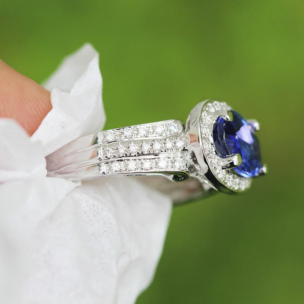 Sideways Oval Tanzanite Halo Ring with Diamonds White Gold - Image 3