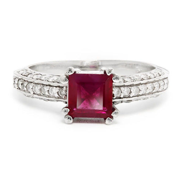 Square Ruby Solitaire Ring with Diamonds 14K 1.27ctw - Image 2
