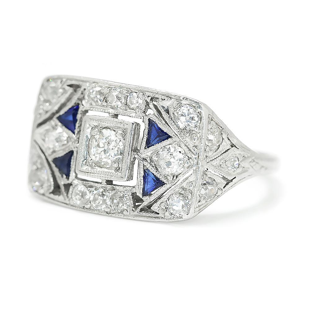 Once Upon A Diamond Ring Vintage Art Deco Diamond Dinner Ring with Sapphire's Platinum .60ctw
