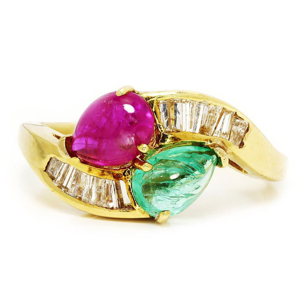 Once Upon A Diamond Ring Vintage Cabochon Emerald Ruby Ring with Diamonds in 18kt Yellow Gold 2.58ctw