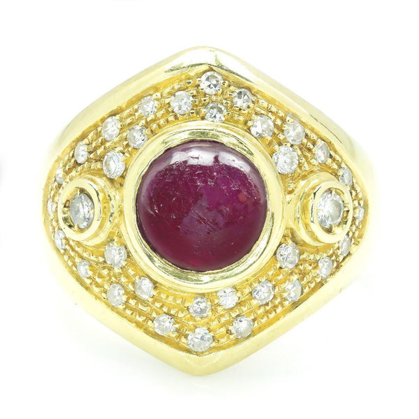 Once Upon A Diamond Ring Vintage Cabochon Ruby Ring with Diamonds 18K Gold 2.84ctw
