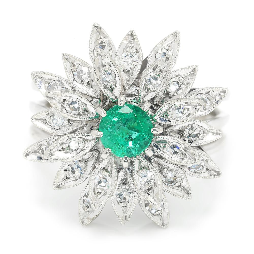 Once Upon A Diamond Ring Vintage Emerald Flower Ring with Diamonds White Gold
