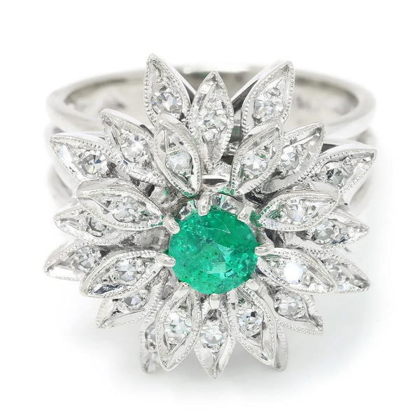 Vintage Emerald Flower Ring with Diamonds White Gold - Image 3