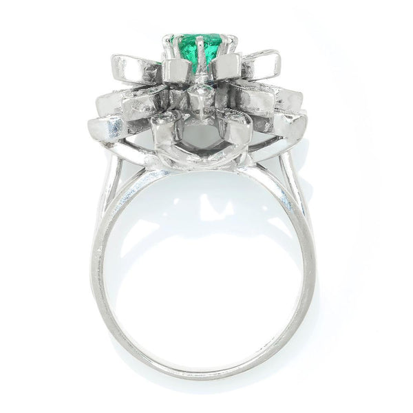 Vintage Emerald Flower Ring with Diamonds White Gold - Image 2