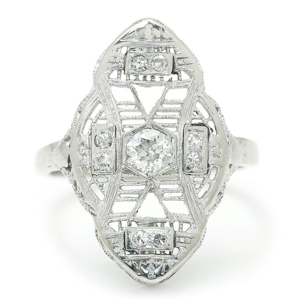 Once Upon A Diamond Ring Vintage European Diamond Filigree Dinner Ring White Gold .19ctw