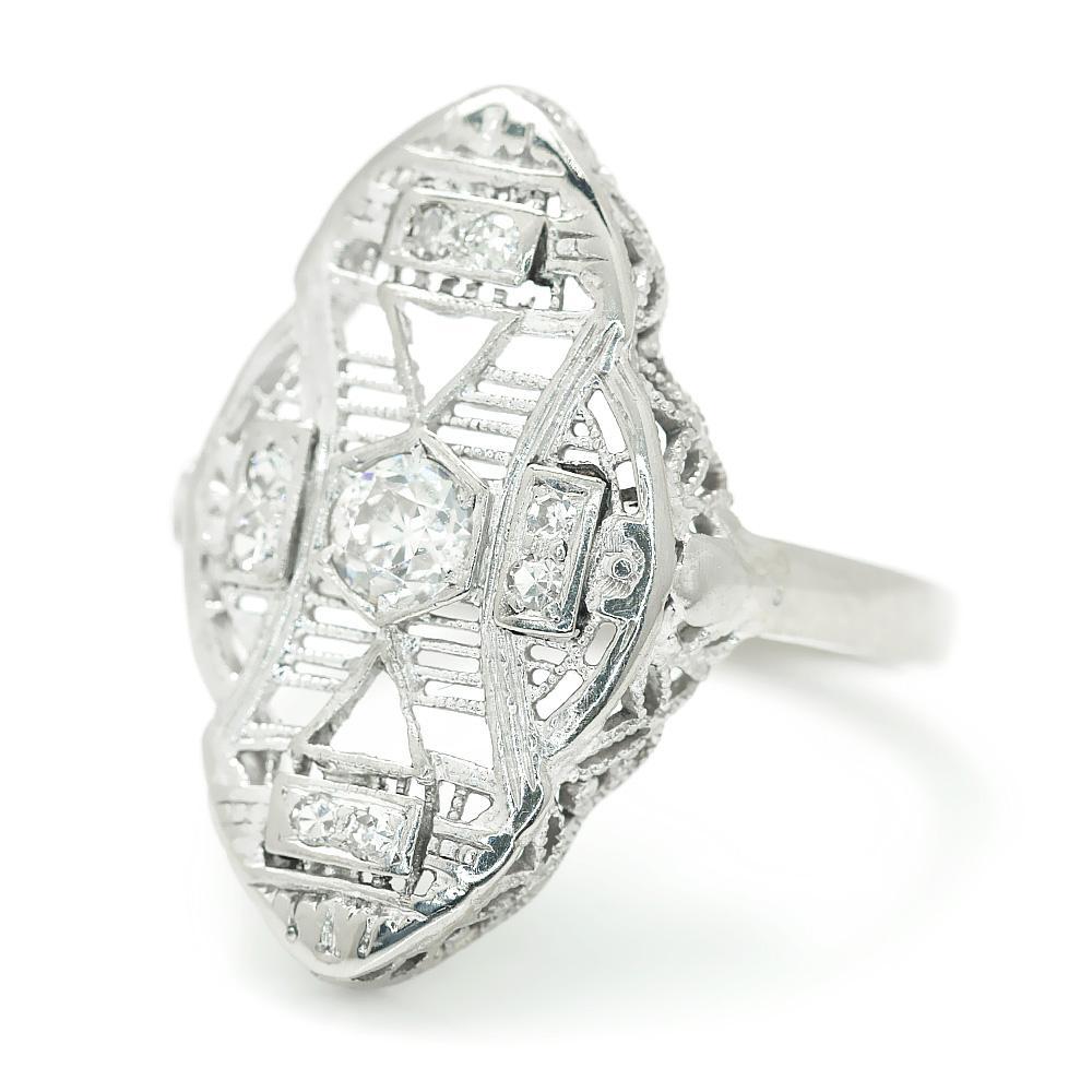 Once Upon A Diamond Ring Vintage European Diamond Filigree Dinner Ring White Gold .19ctw