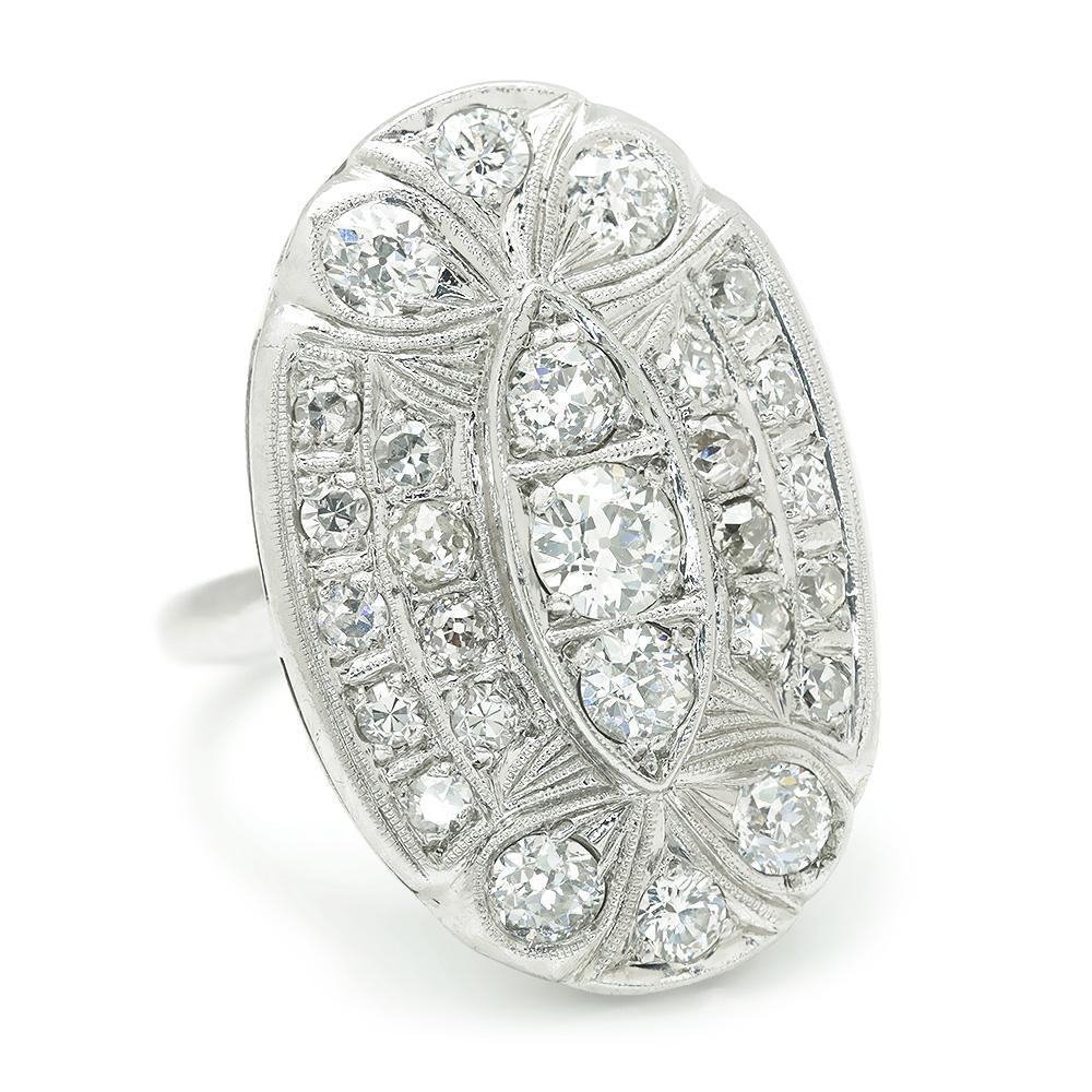 Once Upon A Diamond Ring Vintage European Diamond Oval Ring 14K White Gold 1.50ctw