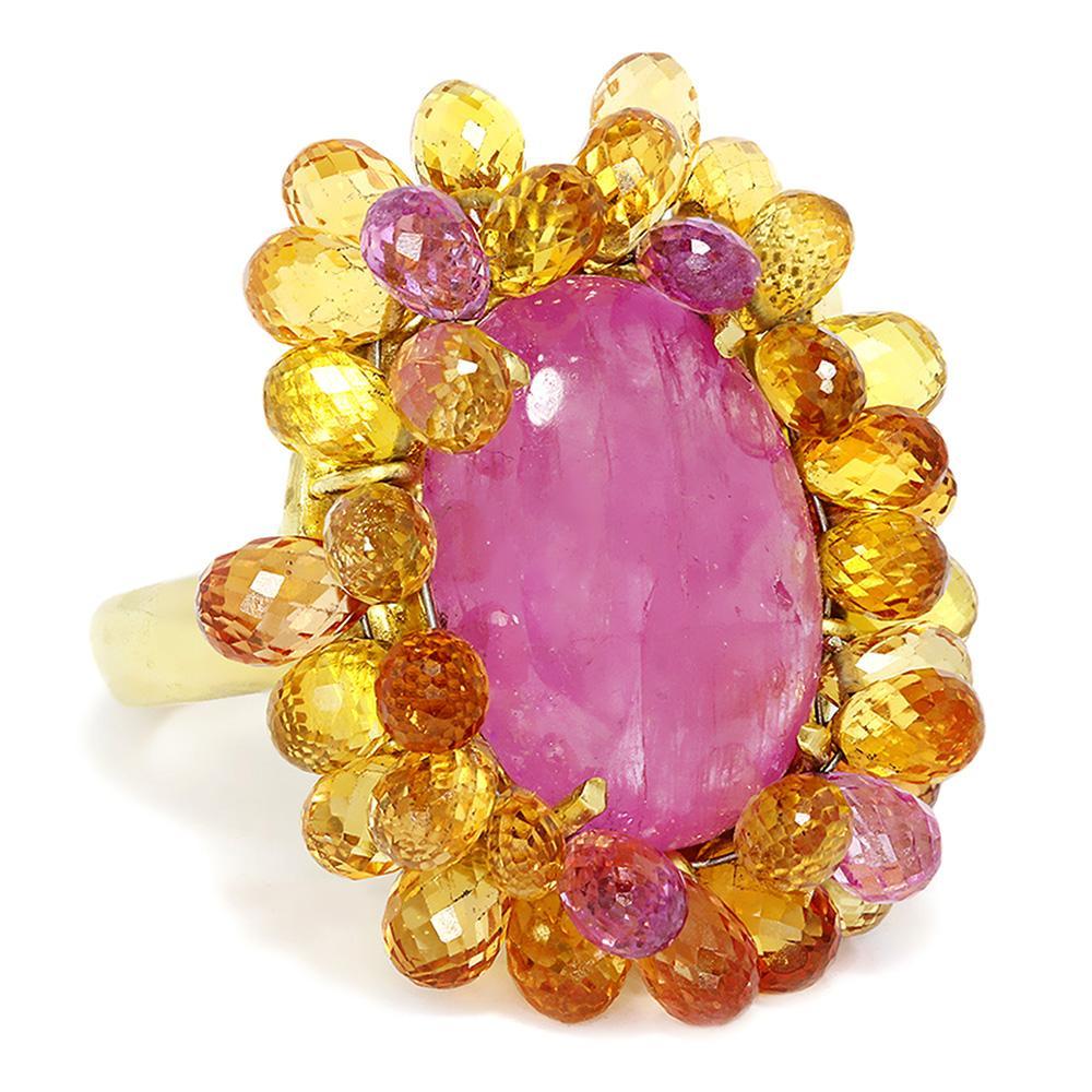 Once Upon A Diamond Ring Vintage Ruby Ring with Briolette Sapphire’s in 18kt Yellow Gold 27.00ctw
