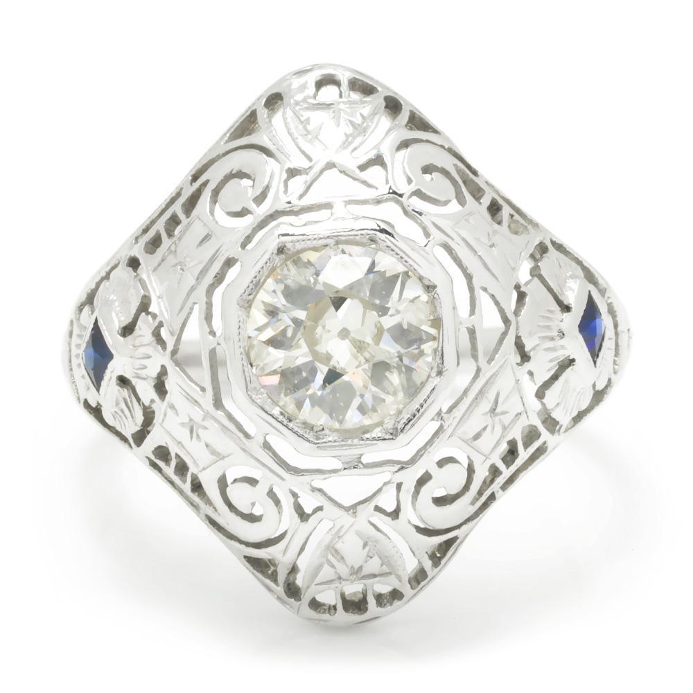 Art Deco Old Mine Cut Diamond Ring with Sapphires 18K 0.85ctw