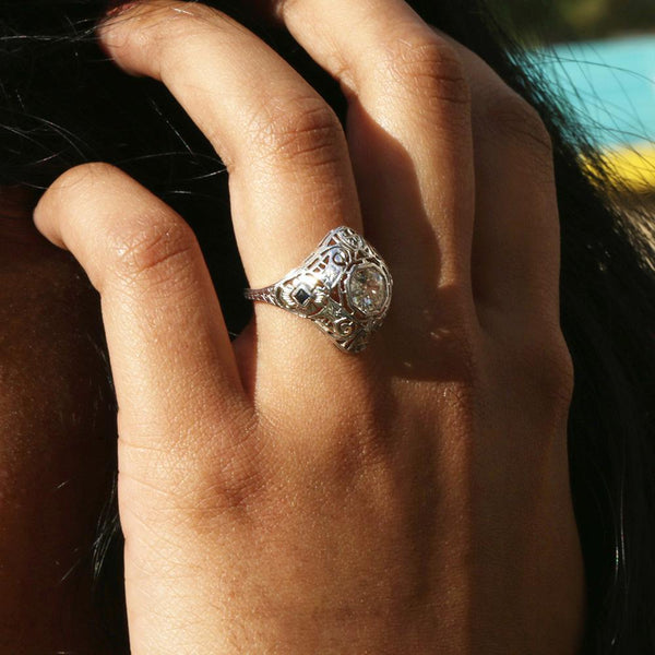 Art Deco Old Mine Cut Diamond Ring with Sapphires 18K 0.85ctw - Image 3