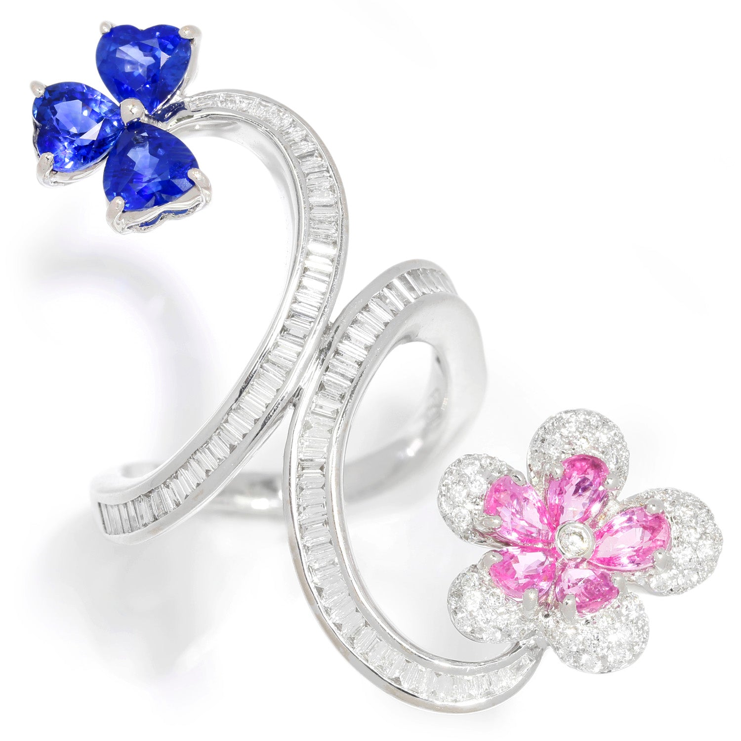 Once Upon A Diamond Ring White Gold Blue & Pink Sapphire Flower Bypass Ring with Diamonds 18K