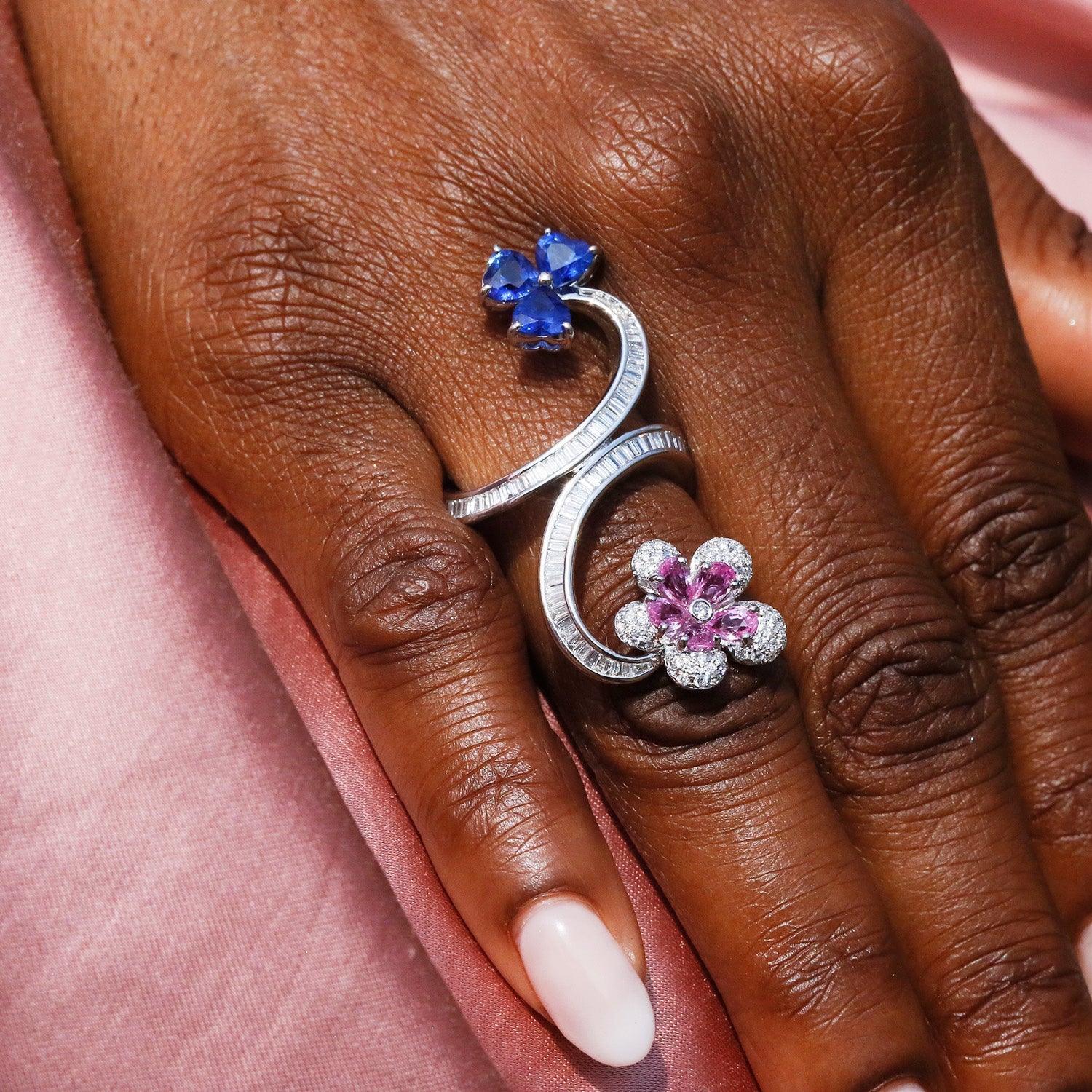 Blue & Pink Sapphire Flower Bypass Ring with Diamonds 18K