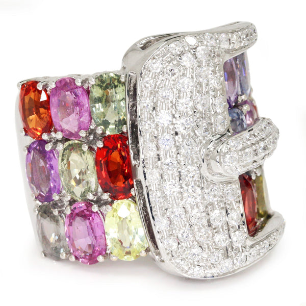 Diamond Belt Buckle Ring with Multi-Color Sapphire's 14K - Image 3